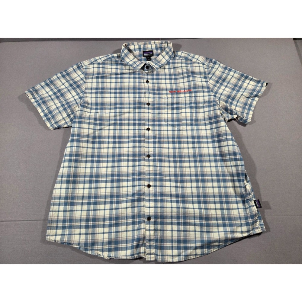 Patagonia Shirt Mens 2 Extra Large White Blue Plaid New Belgium Outdoor Polo